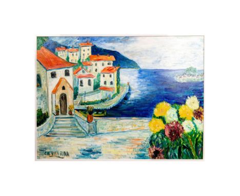 Very large oil on canvas painting of Mediterranean Villas in a Post-Impressionist style that includes bold colors and simplif