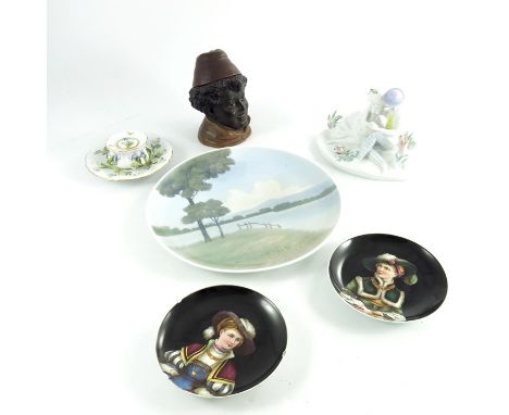 A Meissen encrusted inkwell, cover, stand, a Vienna pair of portrait plates, an Austrian pottery tobacco jar and cover modell