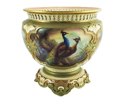 C.V. White for Royal Worcester, a hand painted and gilded porcelain jardinière, 1905, decorated in coloured enamels on a gree