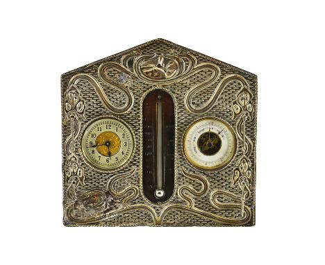 An Arts and Crafts silver and leather desk barometer and clock, James Deakin and Sons, Chester 1904, embossed in relief with 