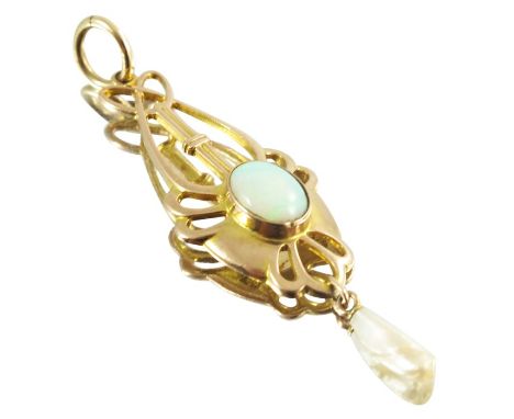 Barnet Henry Joseph, an Arts and Crafts 9 carat gold, opal and pearl pendant, elongated open knotted tendril design with cent