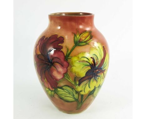 Walter Moorcroft, a flambe hibiscus vase, circa 1960, shouldered baluster form, impressed and painted marks, 18cm high