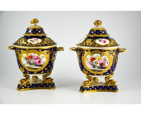 A Pair of Ridgway Porcelain Fruit Coolers or Ice Pails and Covers, circa 1820-30, of circular form raised on three gilt dolph
