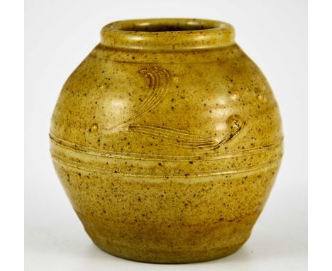 Bernard Leach, a St Ives studio pottery vase, ovoid form, incised combed L decoration, impressed seal marks, 10cm high