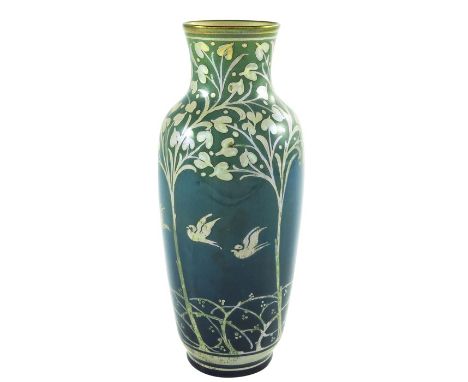 Gordon Forsyth for Pilkington, a Royal Lancastrian lustre vase, 1910, shouldered form with elongated neck, painted with birds