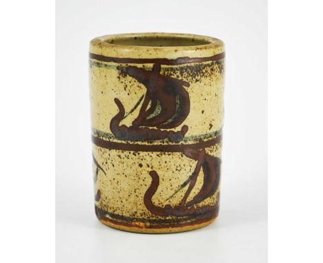 Bernard Leach (atttributed), a St Ives studio pottery brush pot, cylindrical form, painted with two bands of longboats in ful