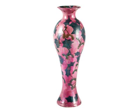 Lisa B Moorcroft, a pink and green lustre Holly vase, circa 1980, elongated inverse baluster form, monogram, 36cm high