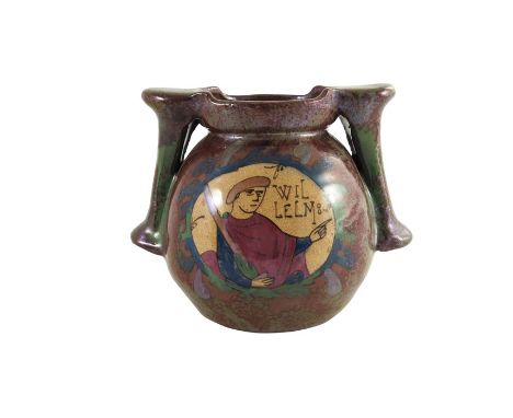 Louis Etienne Desmant, a French faience Bayeux Tapestry lustre vase, circa 1890, ovoid form with bar column handles, painted 