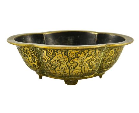 A Chinese bronze censer, quatrelobed section ogee form, cast in relief with cartouches of animated warriors and figures in ga