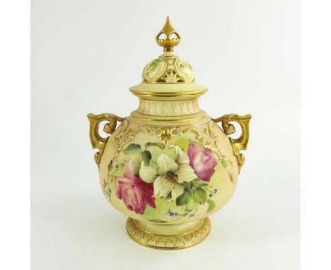 A Royal Worcester blush ivory ground globular pot pourri two handled jar and cover, decorated with roses, lily and forget-me-
