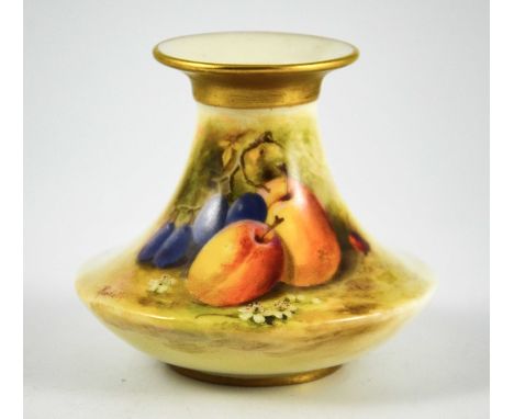 A Royal Worcester posy vase, 1919, hand painted with plums and damsons on a coloured ground by Ricketts, gilt rim and base, p