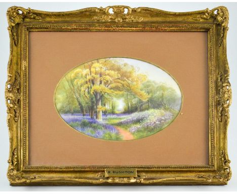 R. Rushton for Royal Worcester, a hand painted oval porcelain plaque 'Bluebells, Kew Gardens', signed R. Rushton, mounted in 