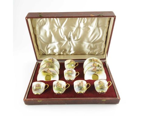 John Stinton for Royal Worcester, a boxed set of six Castle painted cups and saucers, 1938, each painted with a Scottish cast