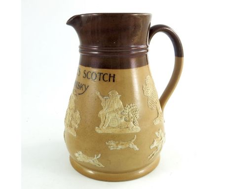Large size Doulton Lambeth jug advertising THORNE'S SCOTCH WHISKY, with sprigged hunting scene decoration, 19.5cm high
