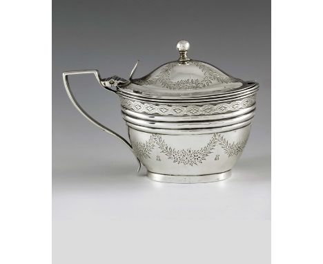 Abstainando King, London 1702, a George III silver mustard pot, bright cut oval navette form, decorated with a band of foliat