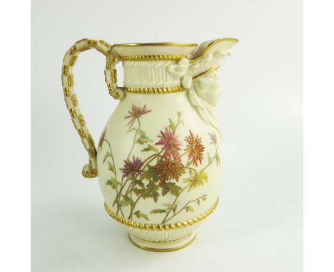 A Royal Worcester blush ivory ground jug, 1890, the compressed ovoid body flanked by a scroll handle with gilt basket work mo
