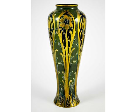 William Moorcroft for James MacIntyre, a Green and Gold Florian Ware vase, circa 1903, elongated inverse baluster form, print