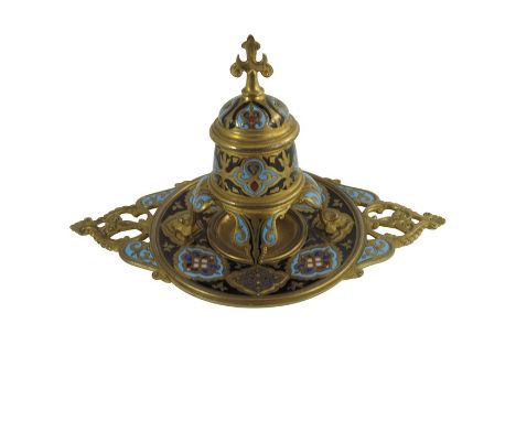 A French champlevé enamelled gilt bronze ink stand, in the Persian style, circa 1860, the conical well supported on four brac