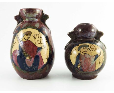 Louis Etienne Desmant, two French faience Bayeux Tapestry lustre vases, circa 1890, ovoid form with shaped handles and bulbou