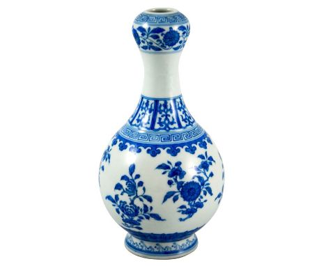 A Chinese blue and white garlic head bottle vase, Qianlong mark, double gourd form, painted in the Three Abundances design, w