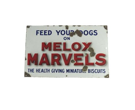 Early 20th century enamel advertising sign, Feed your dogs on MELOX MARVELS, 56cm x 35.5cm
