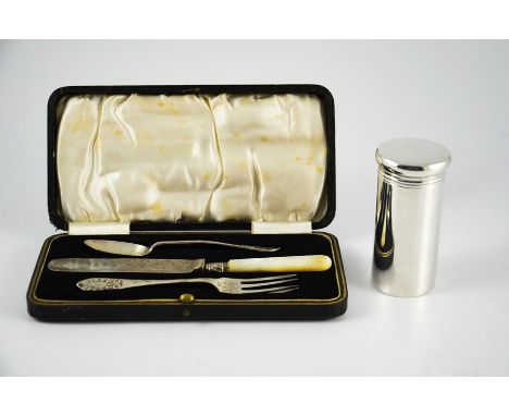 An Edwardian silver christening set, Charles Wilkes, Birmingham 1909, including mother of pearl handled knife, spoon and fork