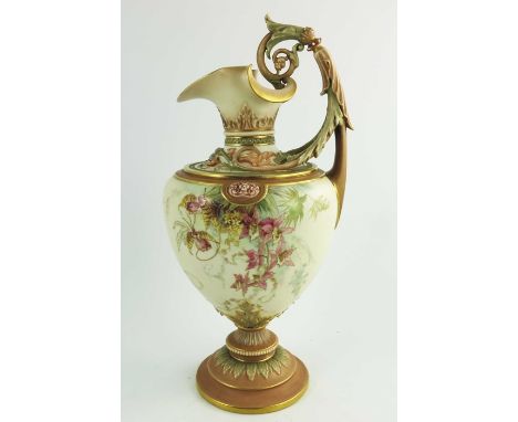 A Royal Worcester blush ivory ground ewer, date code for 1893, florally decorated in coloured enamels with gilt, the body rai