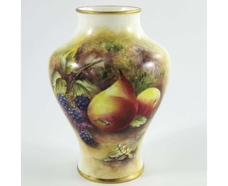 P. Love for Royal Worcester, a Posy Vase, 1951, of baluster form hand painted and gilded with fruit against a mossy woodland 