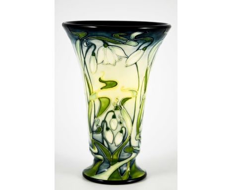 Rachel Bishop for Moorcroft, a Snowdrops trial vase, 2002, footed trumpet form, variation of the Nivalis pattern, impressed m