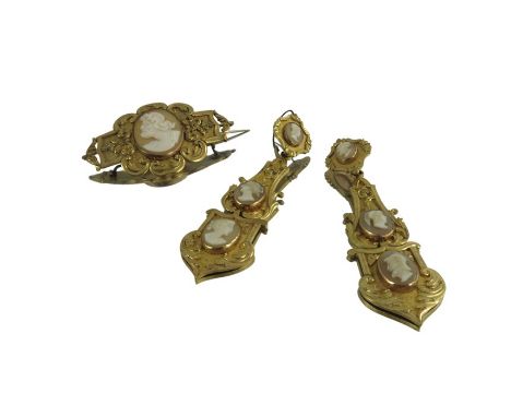 A 19th century cameo and gilt metal earring and brooch set, circa 1850, Classical portrait medallions set within tooled and c