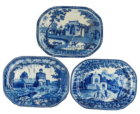A 19th Century Blue and White Oval Meat Platter, 'Camel' pattern by John Rogers, circa 1820, the scene depicts the gate leadi