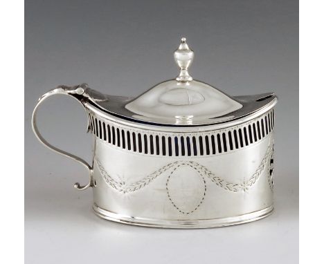 Luke Proctor &amp; Co, Sheffield 1787, a George III silver oval mustard pot of navette form, the straight sides with pierced 