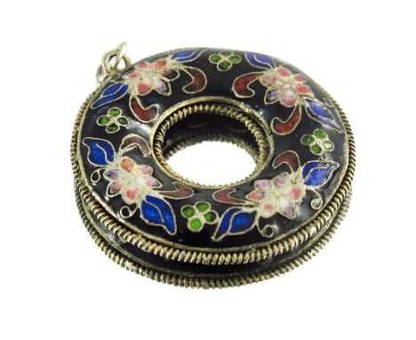 A Chinese silver gilt and cloisonné enamelled pendant, circular doughnut ring form, decorated with flowers in green, red, pin