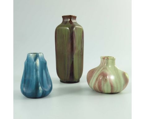 Pilkington, three Royal Lancastrian small vases, circa 1906 to 1908, including opalescent veined square section shouldered va