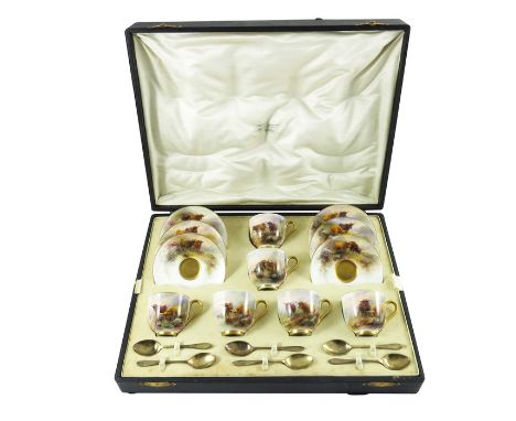 Harry Stinton for Royal Worcester, a boxed set of six Highland Cattle painted cups and saucers, 1924, gilt interiors, each si