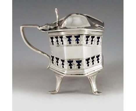 Edward Thomason, Birmingham 1790, a George III silver mustard pot, elongated octagonal form, bright cut and reticulated with 