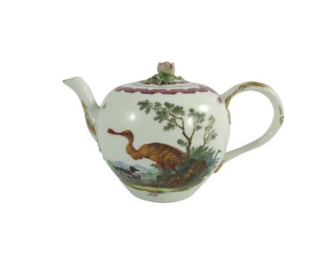 A Meissen porcelain teapot, circa 1800, ovoid form, painted with birds to each side, below a ribbon and bar border, relief mo
