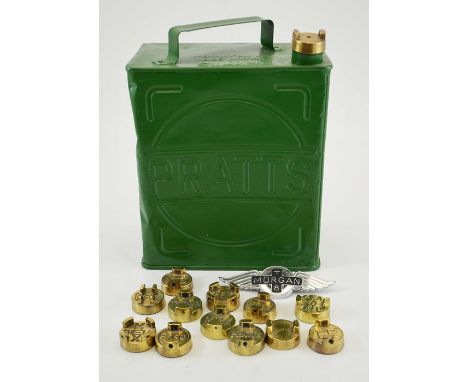 A collection of brass petrol can screw tops, including Pratts, Anglo American etc, a Pratts 1933 2 Gallon petrol can with mat