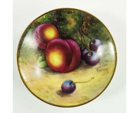 J Freeman for Royal Worcester, a fruit painted pin tray, 1939, decorated with grapes and peaches, puce backstamp, 7cm diamete