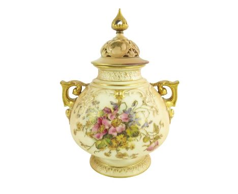 A Royal Worcester blush ivory ground globular pot pourri two handled jar and cover, decorated with dog-rose, Canterbury bells