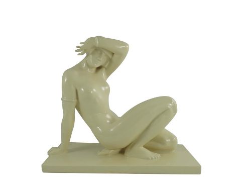Maurice Girard, art deco ceramic sculpture, circa 1930, cream coloured sculpture of a nude lady reclining stamped to base Imp