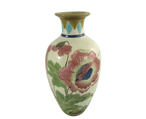 A Burmantofts Faience Ovoid Shape Vase decorated with stylised pink poppies with green foliage on a cream crackle glaze, with