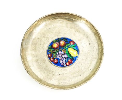 A Modernist silver and enamelled bowl, circa 1964, the central enamel roundel decorated with fruit, set within a plain dish, 