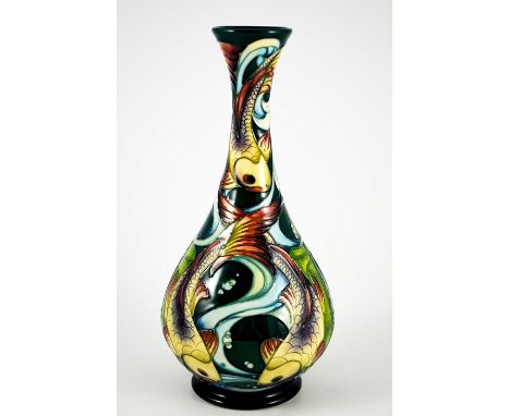 Philip Gibson for Moorcroft, a Lagoon limited edition vase, circa 2005, narrow necked bottle form, 11 of 100, signed, 31.5cm 