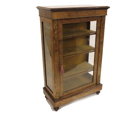 A Victorian figured walnut and gilt brad mounted glazed cabinet, rectangular section, satinwood strung with applied bracket p