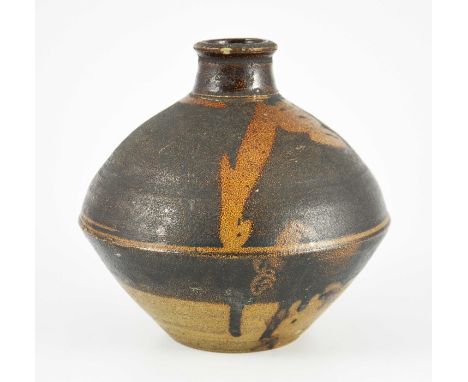 A St Ives, Leach studio pottery vase, in the style of Shoji Hamada, anglled ovoid form with narrow neck, salt glazed stonewar