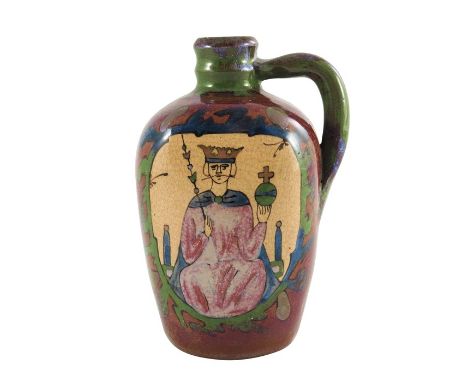 Louis Etienne Desmant, a French faience Bayeux Tapestry lustre jug, circa 1890, flattened shouldered form, painted with King 