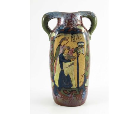 Louis Etienne Desmant, a French faience Bayeux Tapestry lustre vase, circa 1890, shouldered rectangular section with twin loo