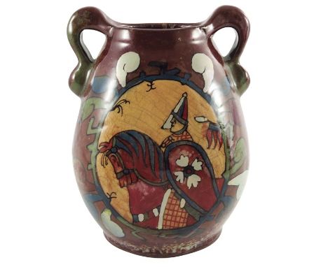 Louis Etienne Desmant, a French faience Bayeux Tapestry lustre vase, circa 1890, twin handled flattened ovoid form, painted w