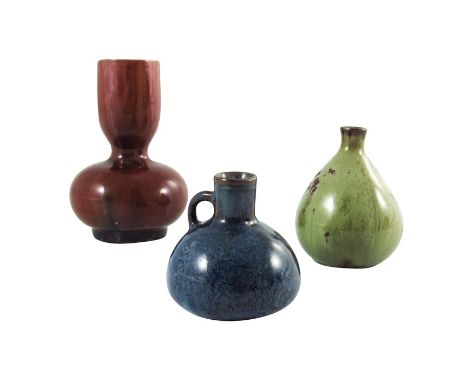 Pilkington, three Royal Lancastrian miniature vessels, circa 1900, including a squat ovoid ewer, bottle vase and double gourd